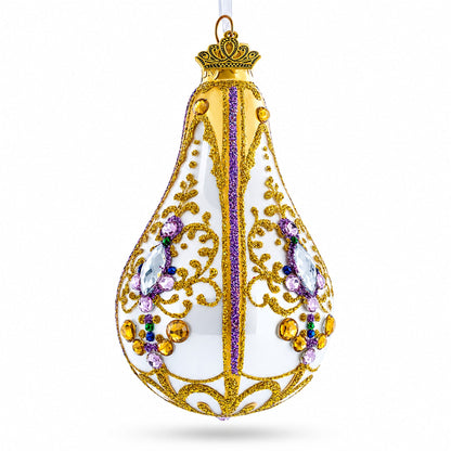 Multicolored Jewels on Golden Swirls Pear Shape Finial Glass Ornament