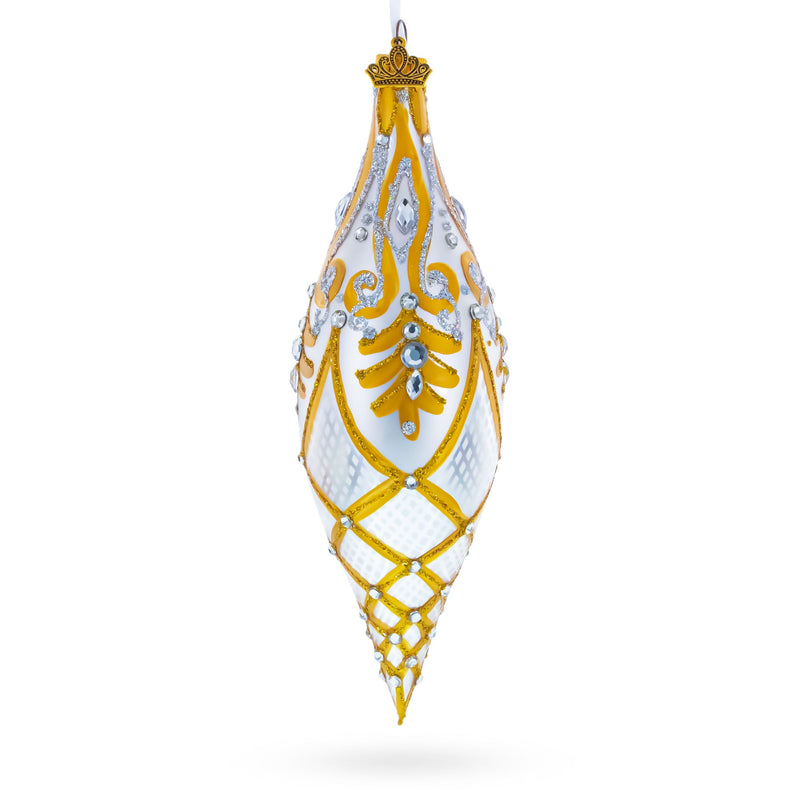 Gold & White Baroque-Style Gem-Encrusted Elongated Pointed Teardrop Finial Glass Christmas Ornament