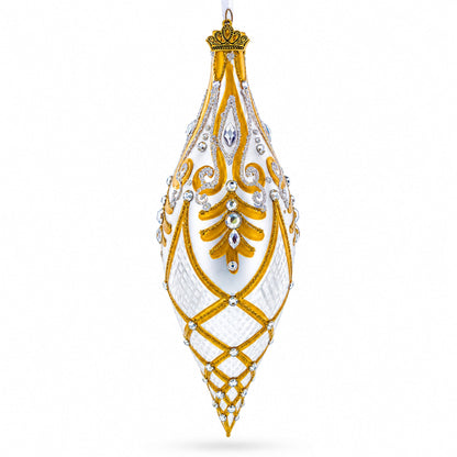 Gold & White Baroque-Style Gem-Encrusted Elongated Pointed Teardrop Finial Glass Christmas Ornament