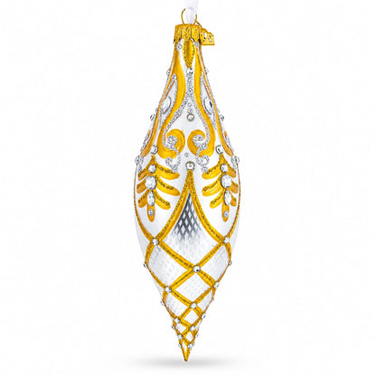 Gold & White Baroque-Style Gem-Encrusted Elongated Pointed Teardrop Finial Glass Christmas Ornament