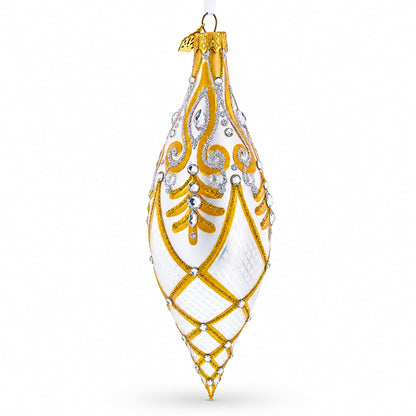 Gold & White Baroque-Style Gem-Encrusted Elongated Pointed Teardrop Finial Glass Christmas Ornament