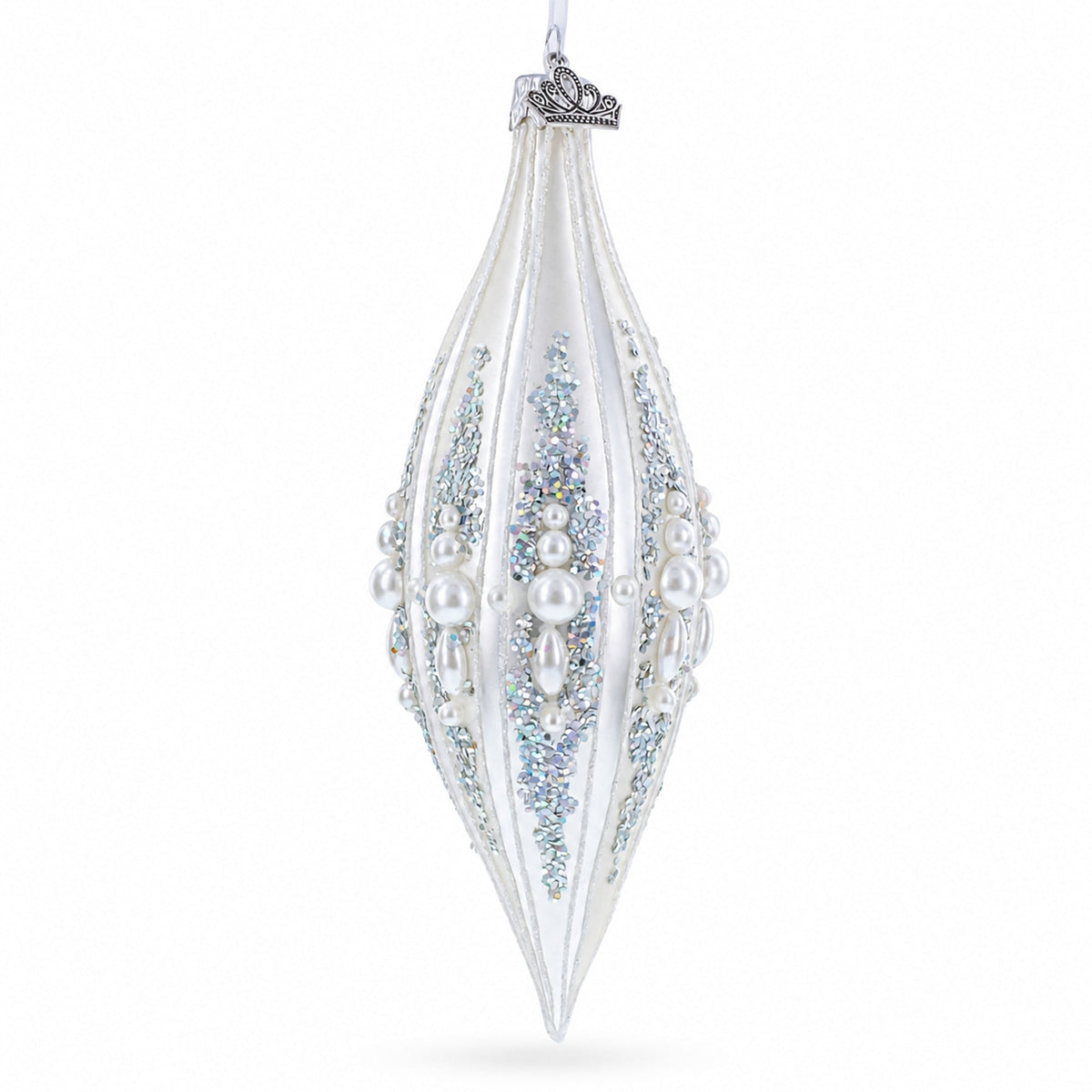 Pearl and Glitter Jeweled Elongated Pointed Teardrop Finial Glass Christmas Ornament