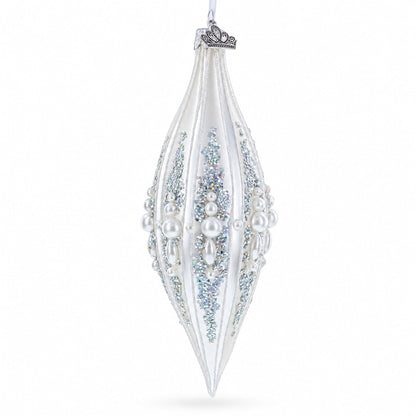 Pearl and Glitter Jeweled Elongated Pointed Teardrop Finial Glass Christmas Ornament