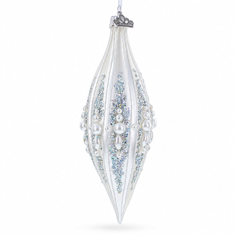 Pearl and Glitter Jeweled Elongated Pointed Teardrop Finial Glass Christmas Ornament