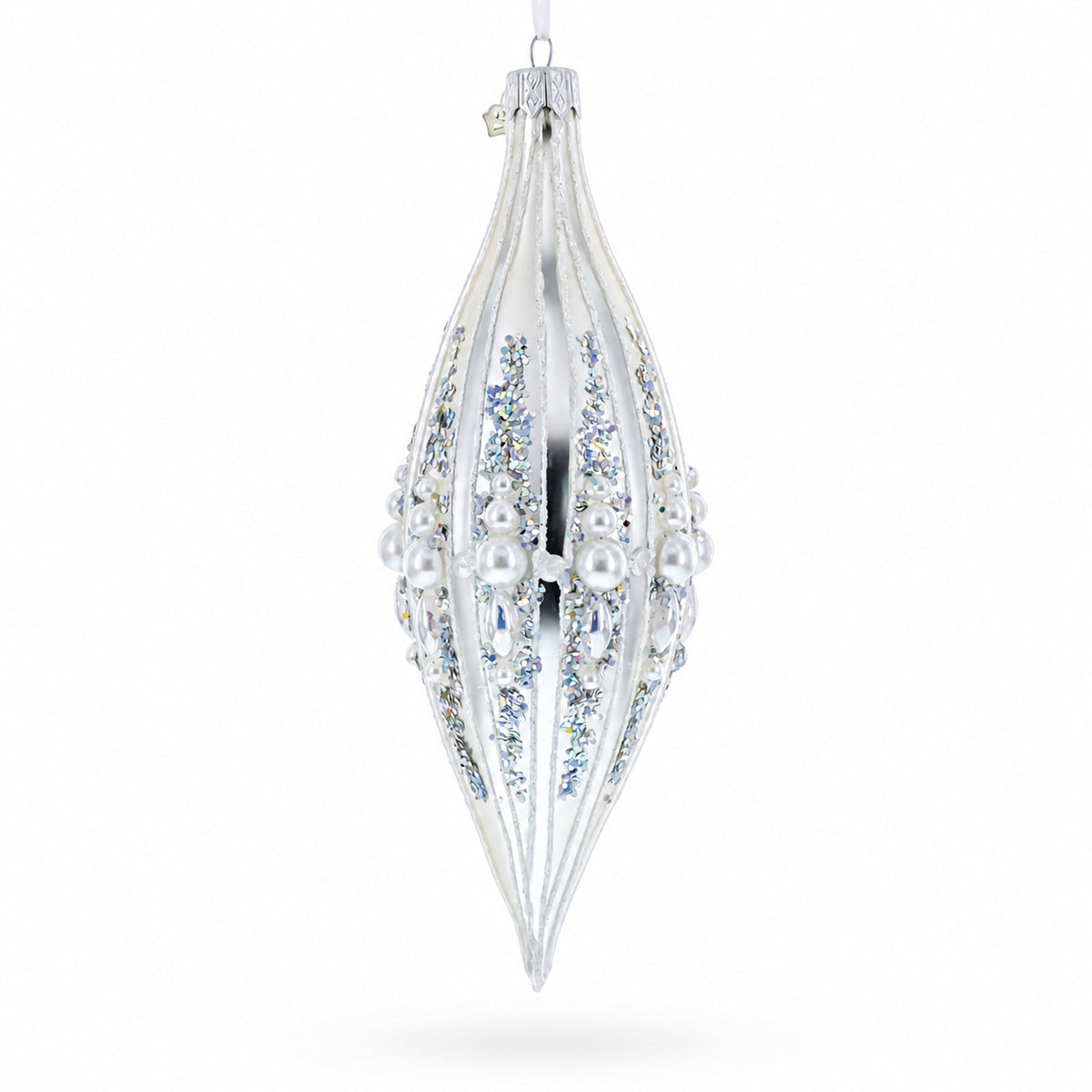 Pearl and Glitter Jeweled Elongated Pointed Teardrop Finial Glass Christmas Ornament