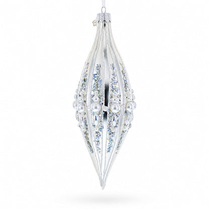 Pearl and Glitter Jeweled Elongated Pointed Teardrop Finial Glass Christmas Ornament
