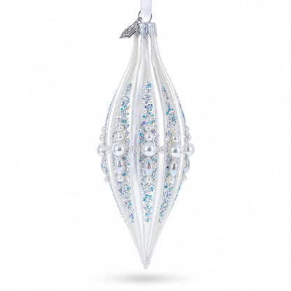 Pearl and Glitter Jeweled Elongated Pointed Teardrop Finial Glass Christmas Ornament
