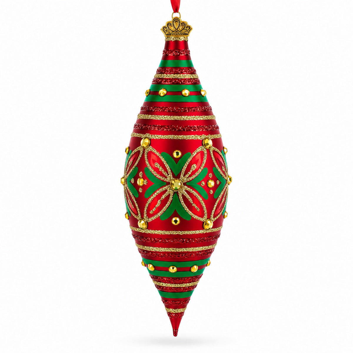 Red and Green Glitter Jeweled Elongated Pointed Teardrop Finial Glass Christmas Ornament