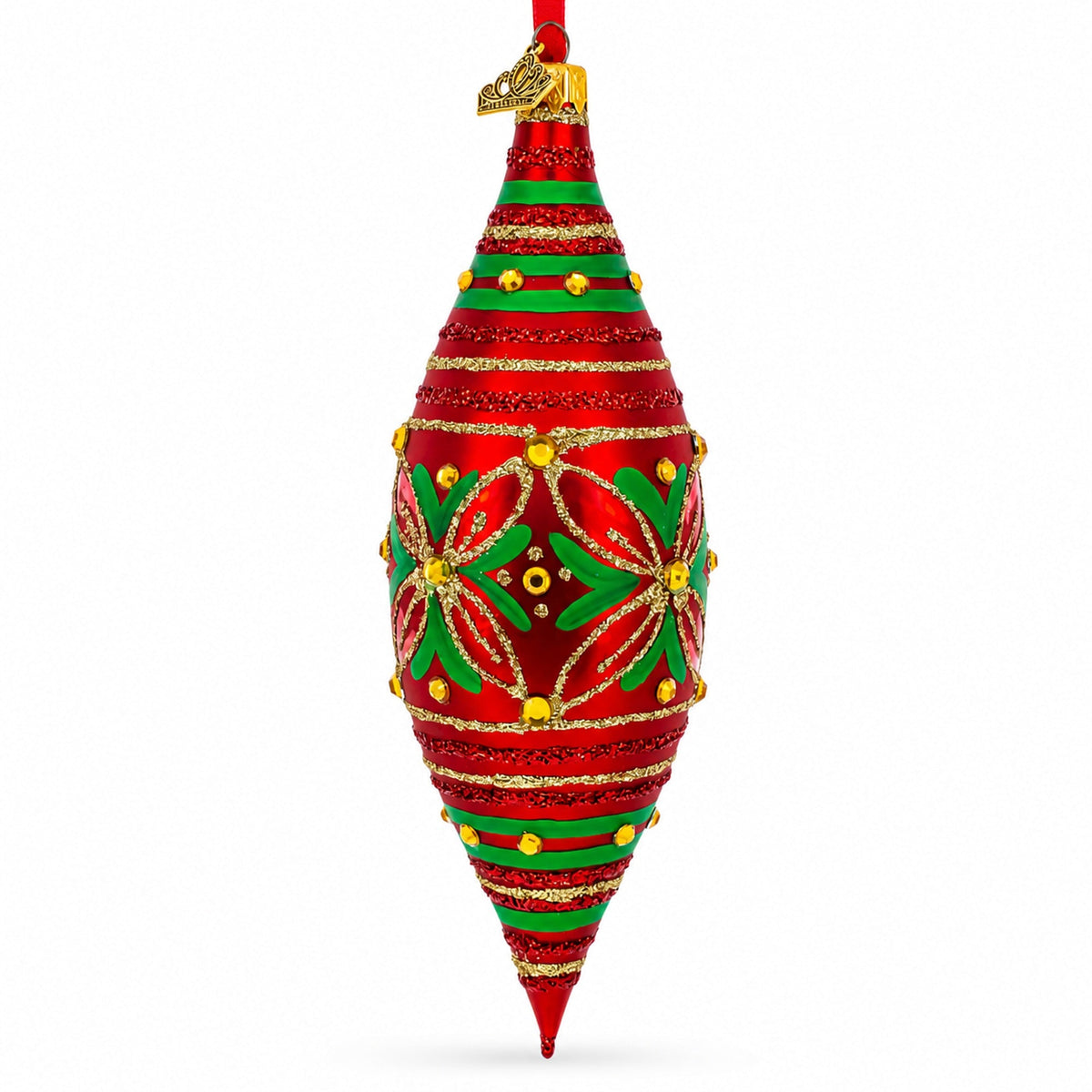 Red and Green Glitter Jeweled Elongated Pointed Teardrop Finial Glass Christmas Ornament