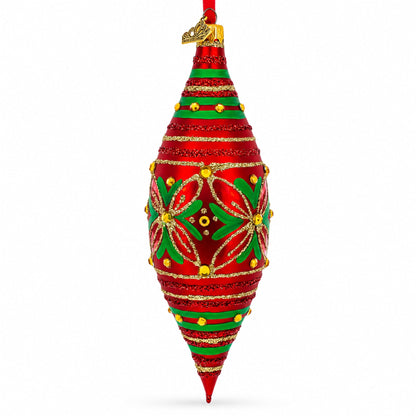 Red and Green Glitter Jeweled Elongated Pointed Teardrop Finial Glass Christmas Ornament