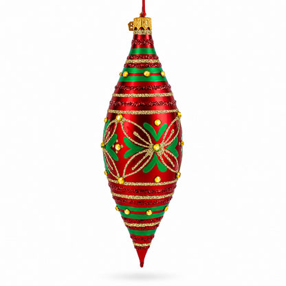 Red and Green Glitter Jeweled Elongated Pointed Teardrop Finial Glass Christmas Ornament