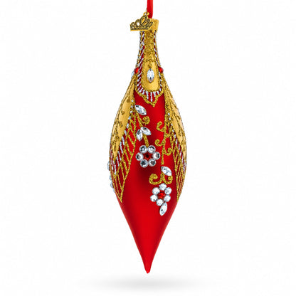 Red and Gold Jewel-Encrusted Elongated Pointed Teardrop Finial Glass Christmas Ornament