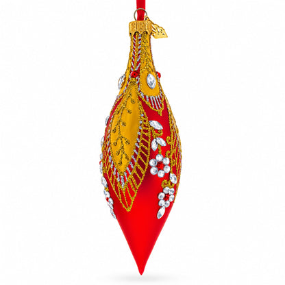 Red and Gold Jewel-Encrusted Elongated Pointed Teardrop Finial Glass Christmas Ornament