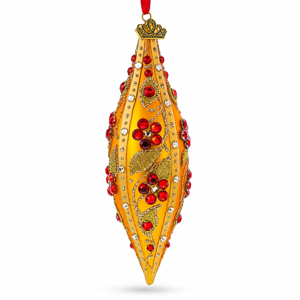 Gold and Red Floral Jeweled Elongated Pointed Teardrop Finial Glass Christmas Ornament