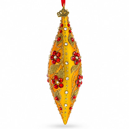 Gold and Red Floral Jeweled Elongated Pointed Teardrop Finial Glass Christmas Ornament