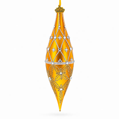 Golden Lattice and Floral Pattern Jeweled Elongated Pointed Teardrop Finial Glass Christmas Ornament