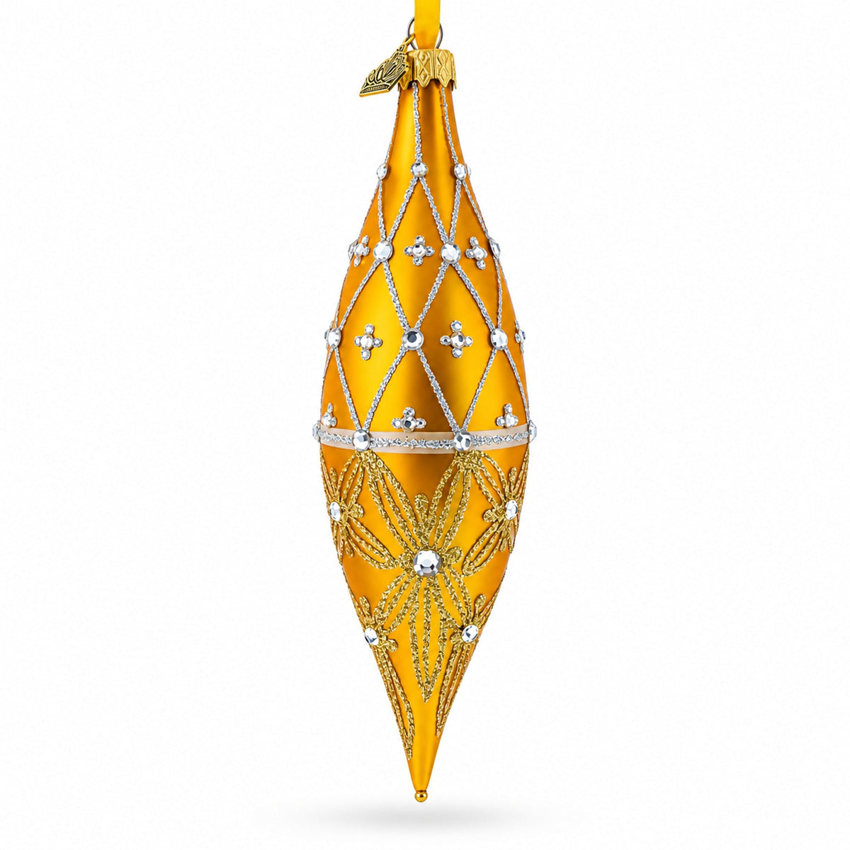 Golden Lattice and Floral Pattern Jeweled Elongated Pointed Teardrop Finial Glass Christmas Ornament
