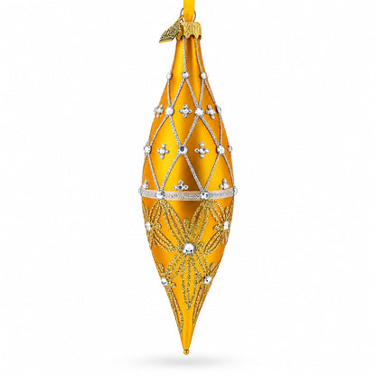 Golden Lattice and Floral Pattern Jeweled Elongated Pointed Teardrop Finial Glass Christmas Ornament