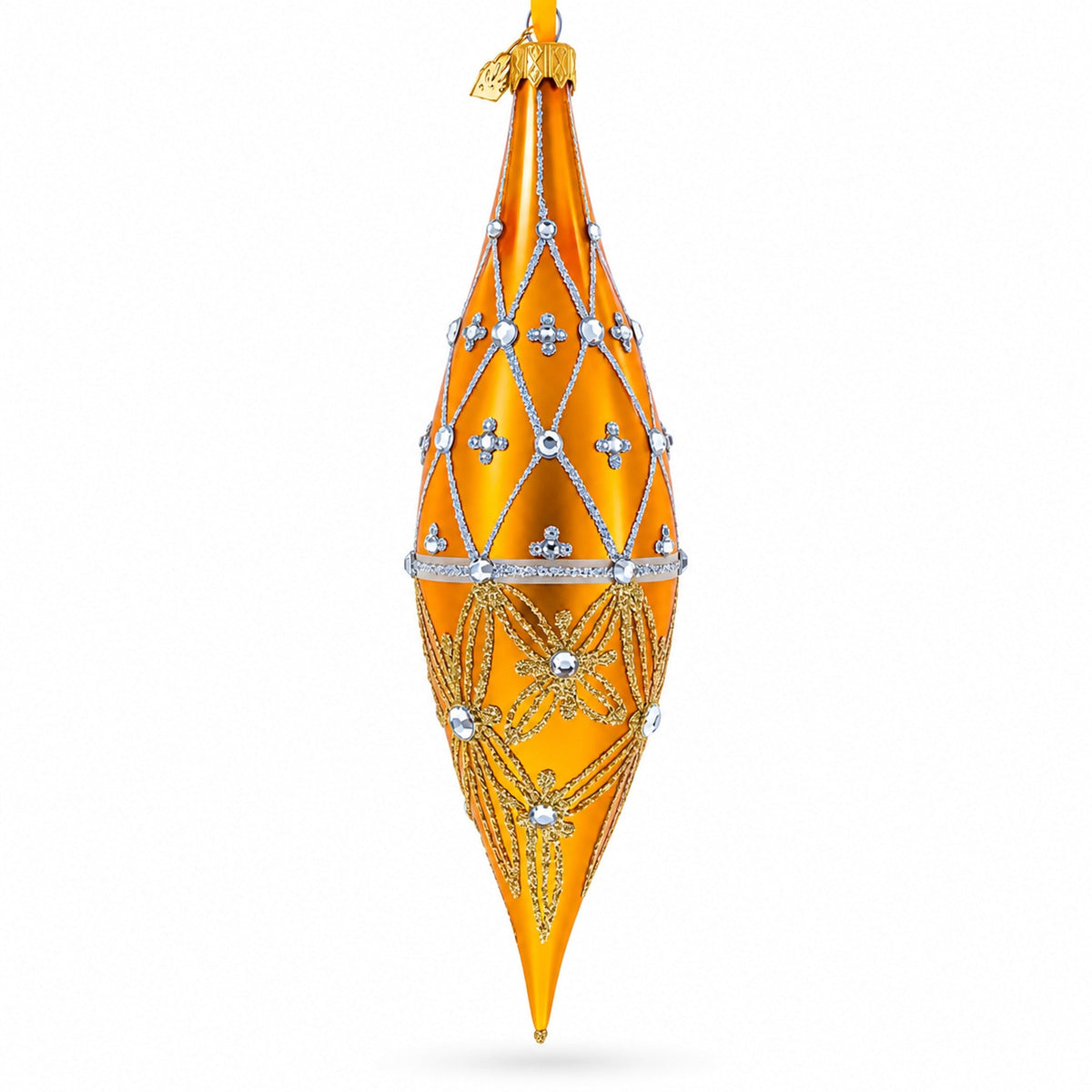 Golden Lattice and Floral Pattern Jeweled Elongated Pointed Teardrop Finial Glass Christmas Ornament