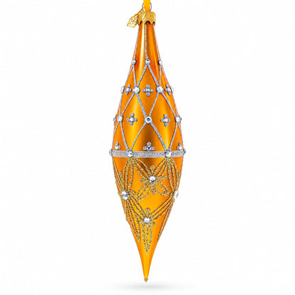 Golden Lattice and Floral Pattern Jeweled Elongated Pointed Teardrop Finial Glass Christmas Ornament