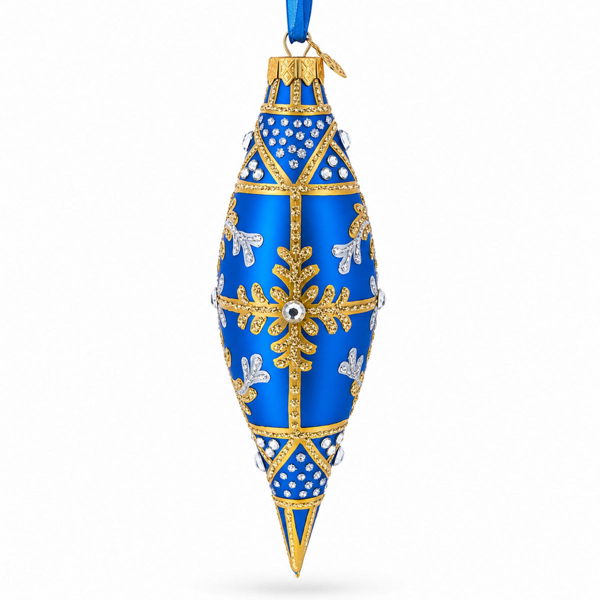 Royal Blue and Gold Snowflake Jeweled Elongated Pointed Teardrop Finial Glass Christmas Ornament