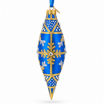 Royal Blue and Gold Snowflake Jeweled Elongated Pointed Teardrop Finial Glass Christmas Ornament