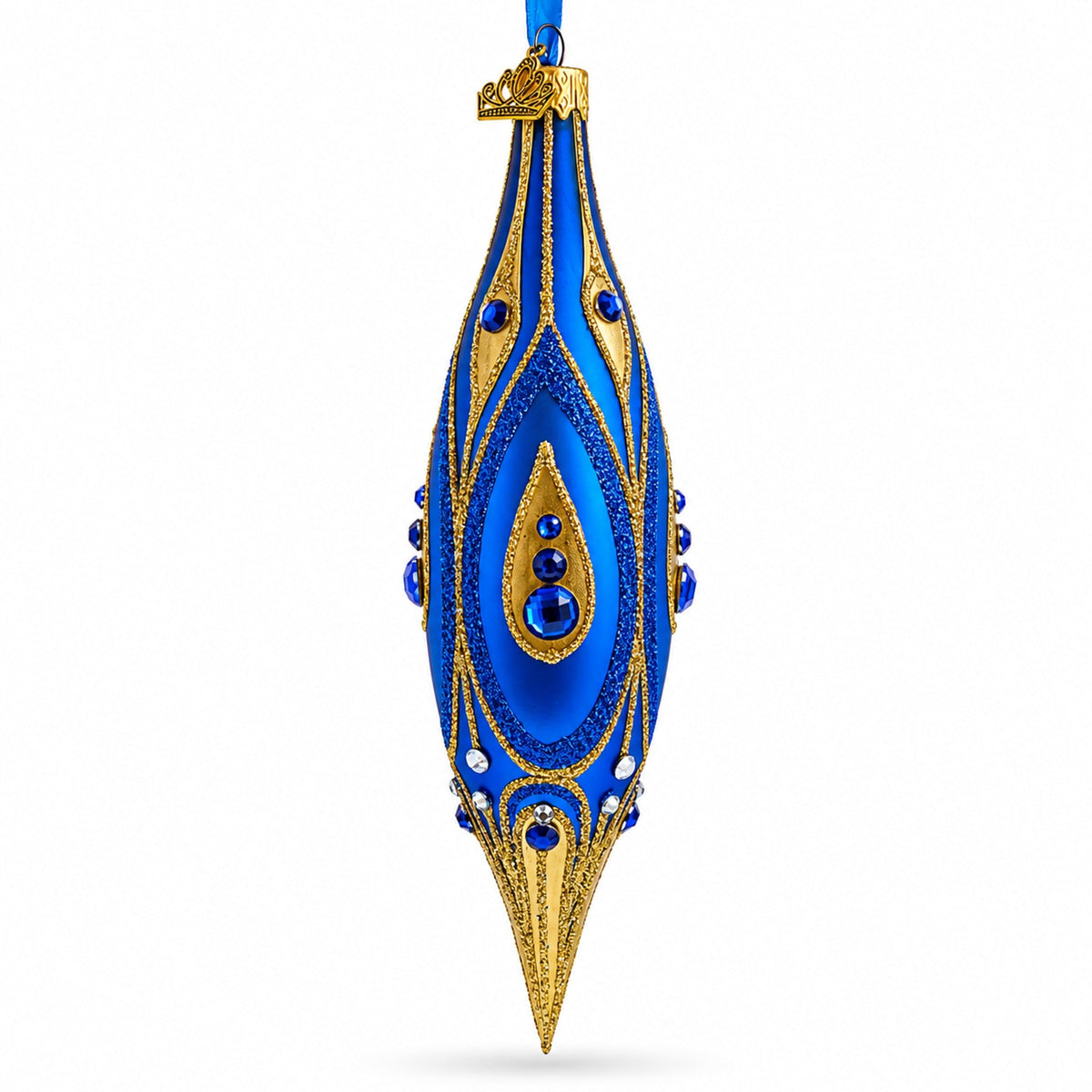 Royal Blue and Gold Jeweled Elongated Pointed Teardrop Finial Glass Christmas Ornament