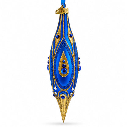 Royal Blue and Gold Jeweled Elongated Pointed Teardrop Finial Glass Christmas Ornament