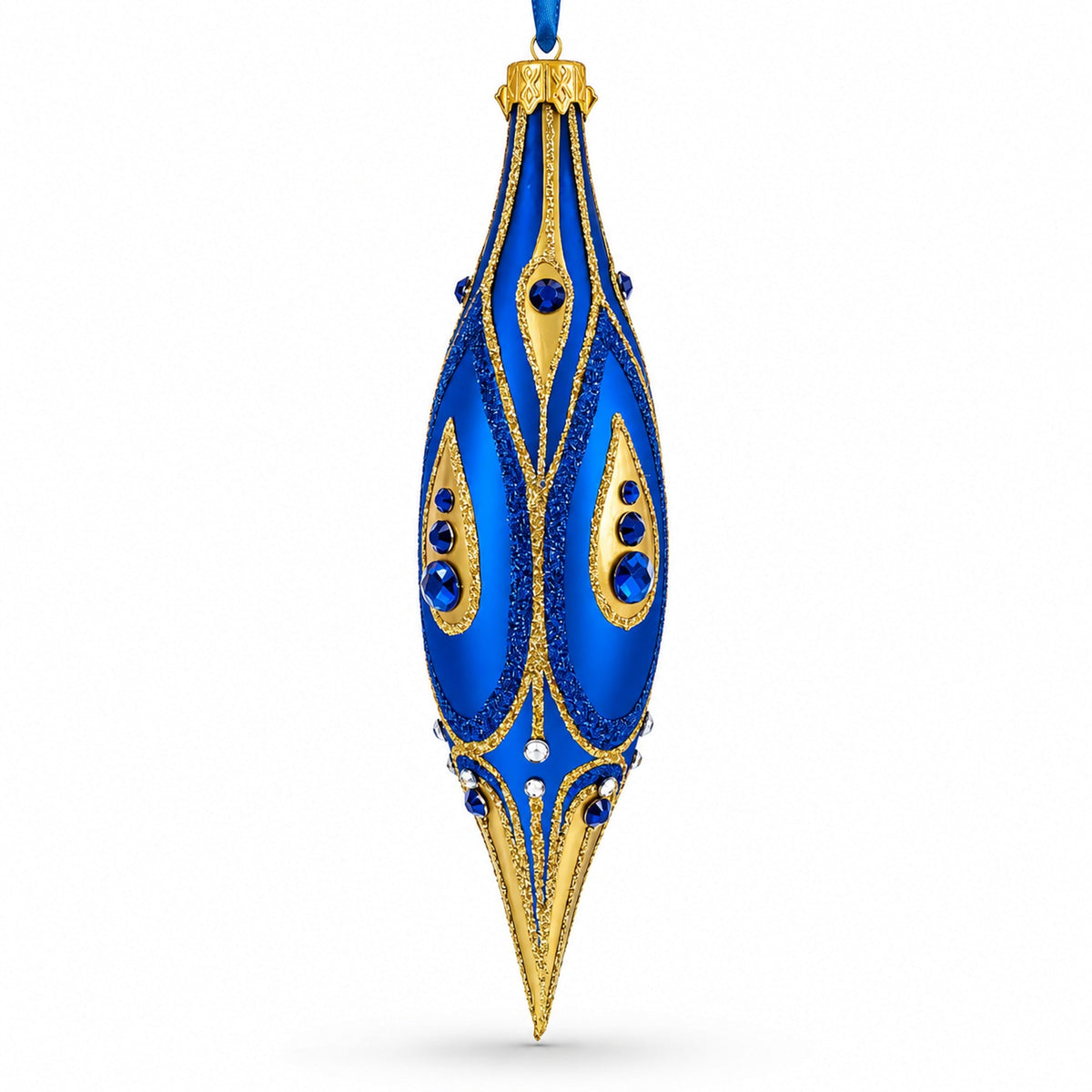 Royal Blue and Gold Jeweled Elongated Pointed Teardrop Finial Glass Christmas Ornament