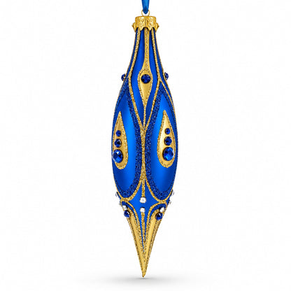 Royal Blue and Gold Jeweled Elongated Pointed Teardrop Finial Glass Christmas Ornament