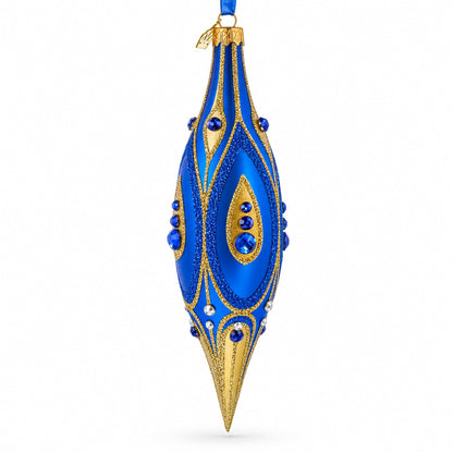 Royal Blue and Gold Jeweled Elongated Pointed Teardrop Finial Glass Christmas Ornament