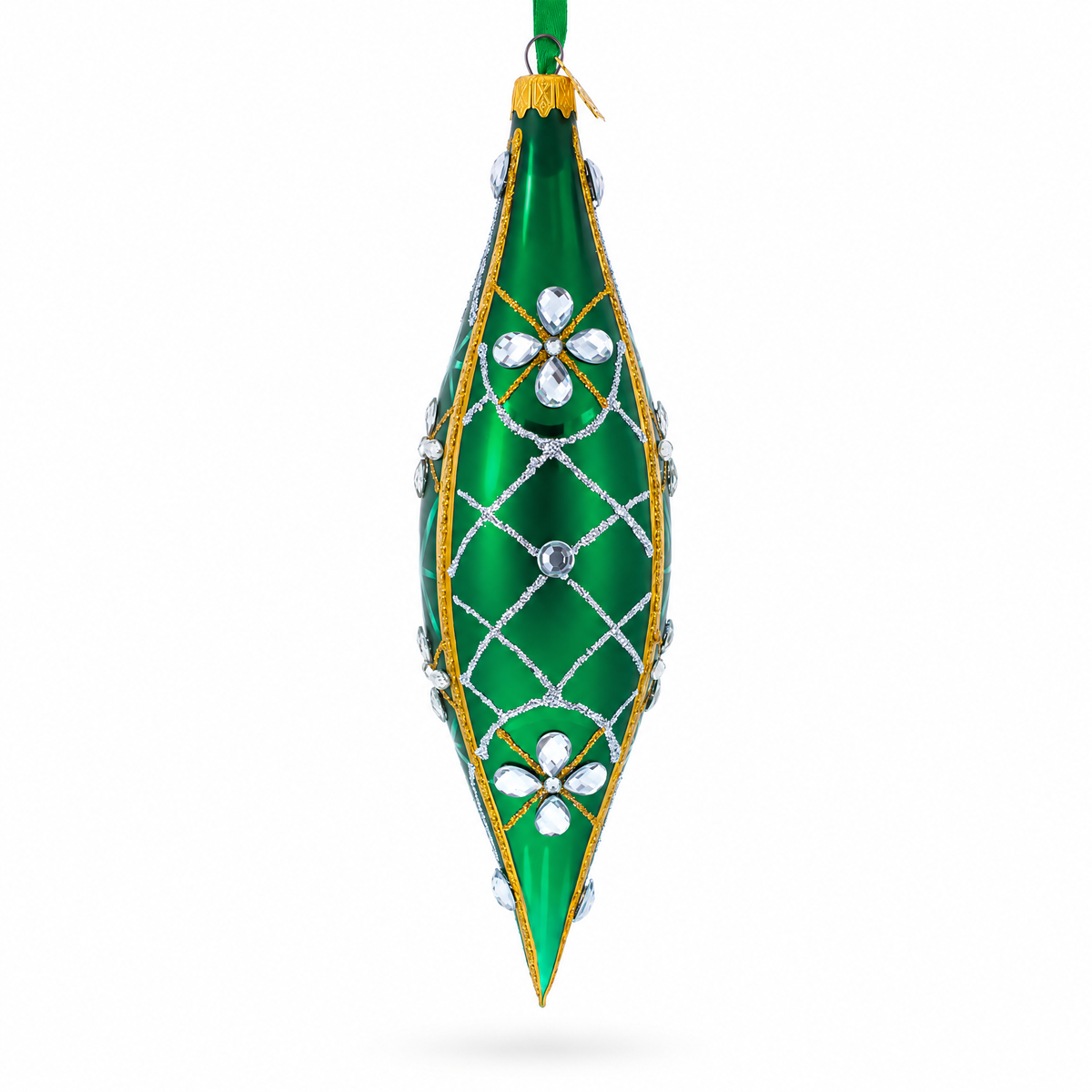 Emerald Jeweled Lattice Elongated Pointed Teardrop Finial Glass Christmas Ornament