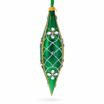 Emerald Jeweled Lattice Elongated Pointed Teardrop Finial Glass Christmas Ornament