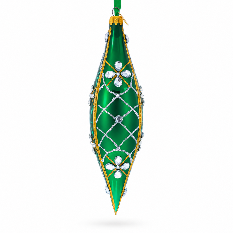 Emerald Jeweled Lattice Elongated Pointed Teardrop Finial Glass Christmas Ornament