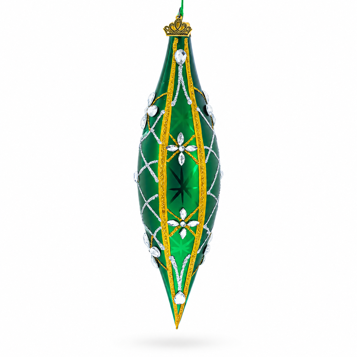 Emerald Jeweled Lattice Elongated Pointed Teardrop Finial Glass Christmas Ornament