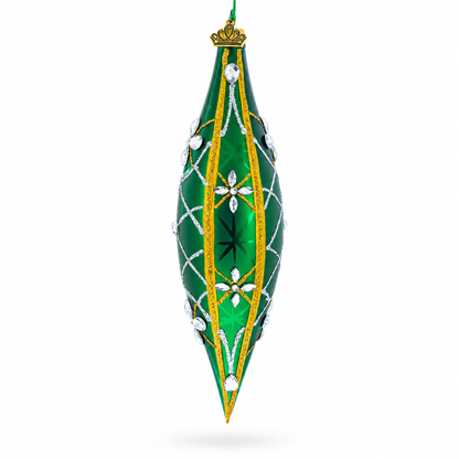 Emerald Jeweled Lattice Elongated Pointed Teardrop Finial Glass Christmas Ornament