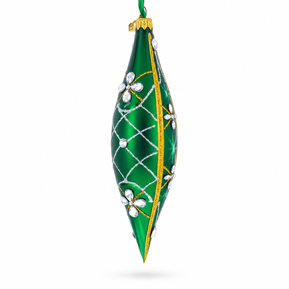 Emerald Jeweled Lattice Elongated Pointed Teardrop Finial Glass Christmas Ornament