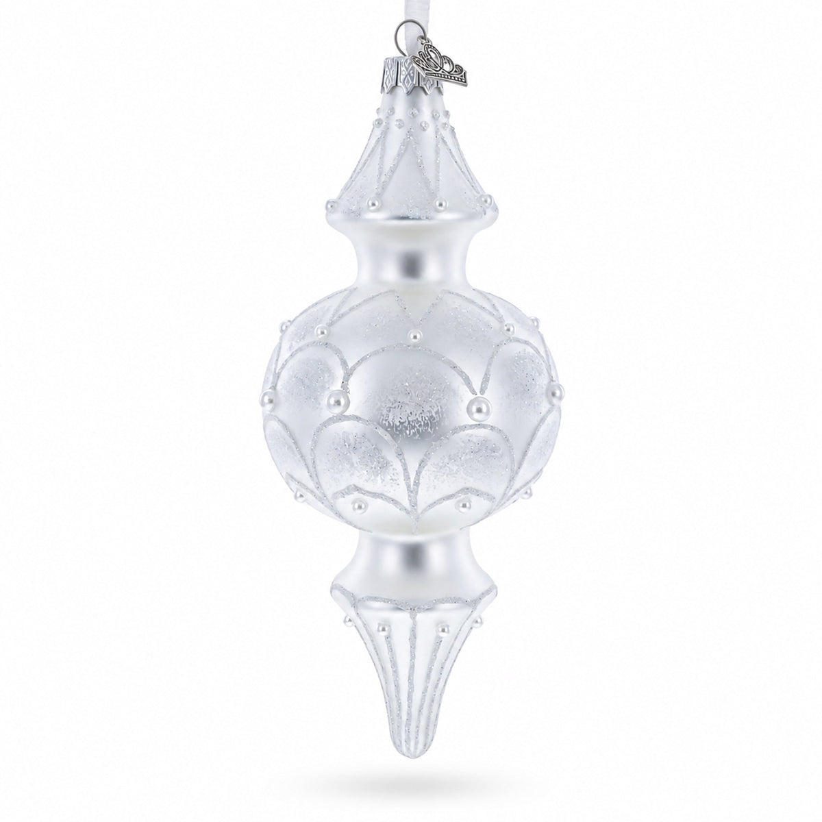 Snowy Pearl Double-Ended Finial Drop Glass Christmas Ornament