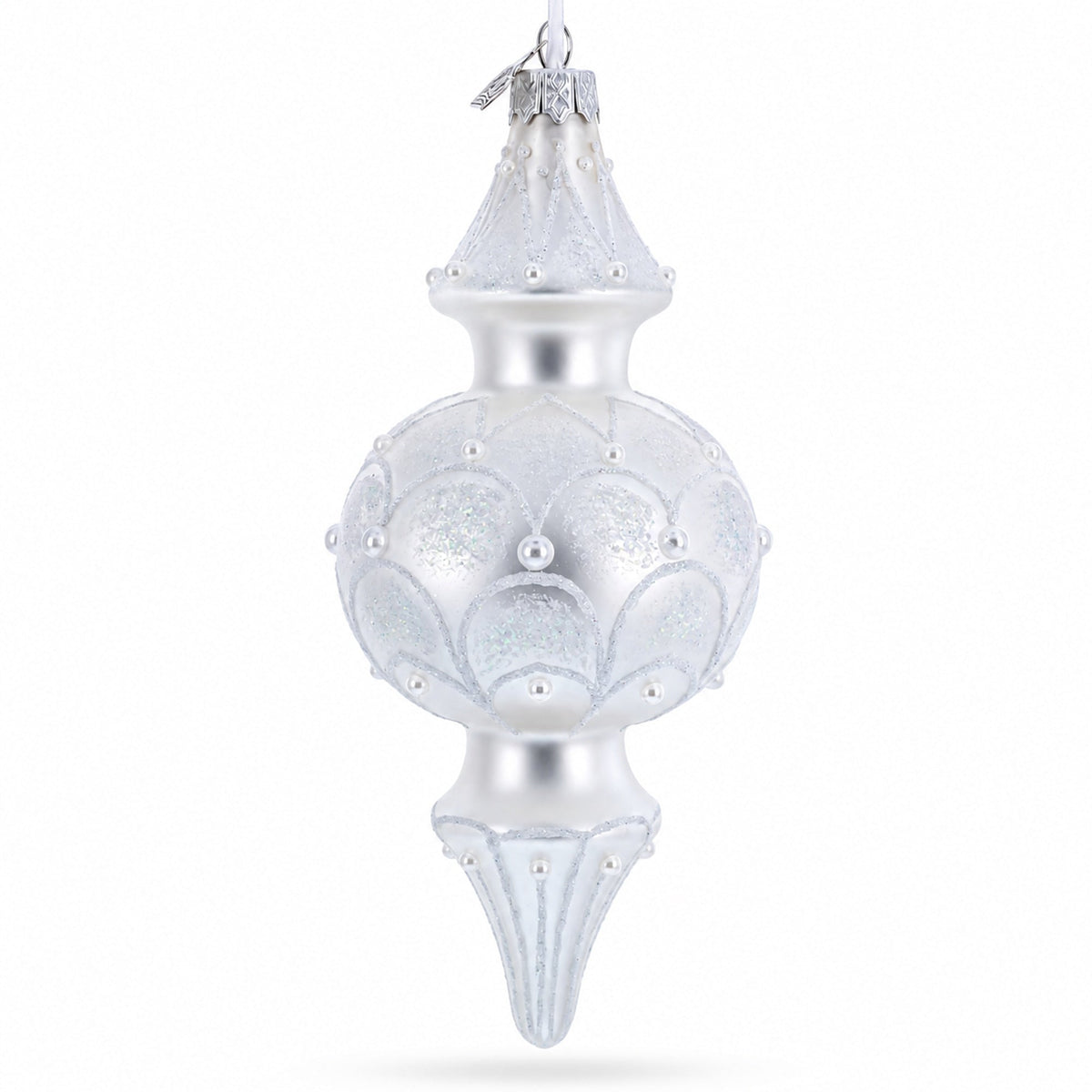 Snowy Pearl Double-Ended Finial Drop Glass Christmas Ornament
