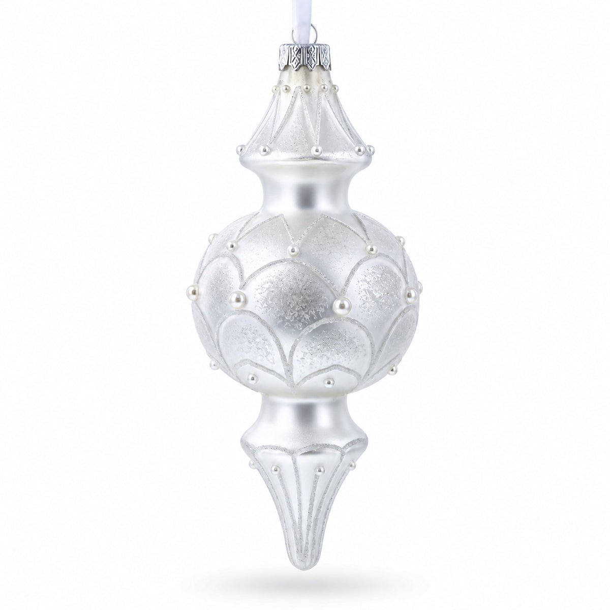 Snowy Pearl Double-Ended Finial Drop Glass Christmas Ornament