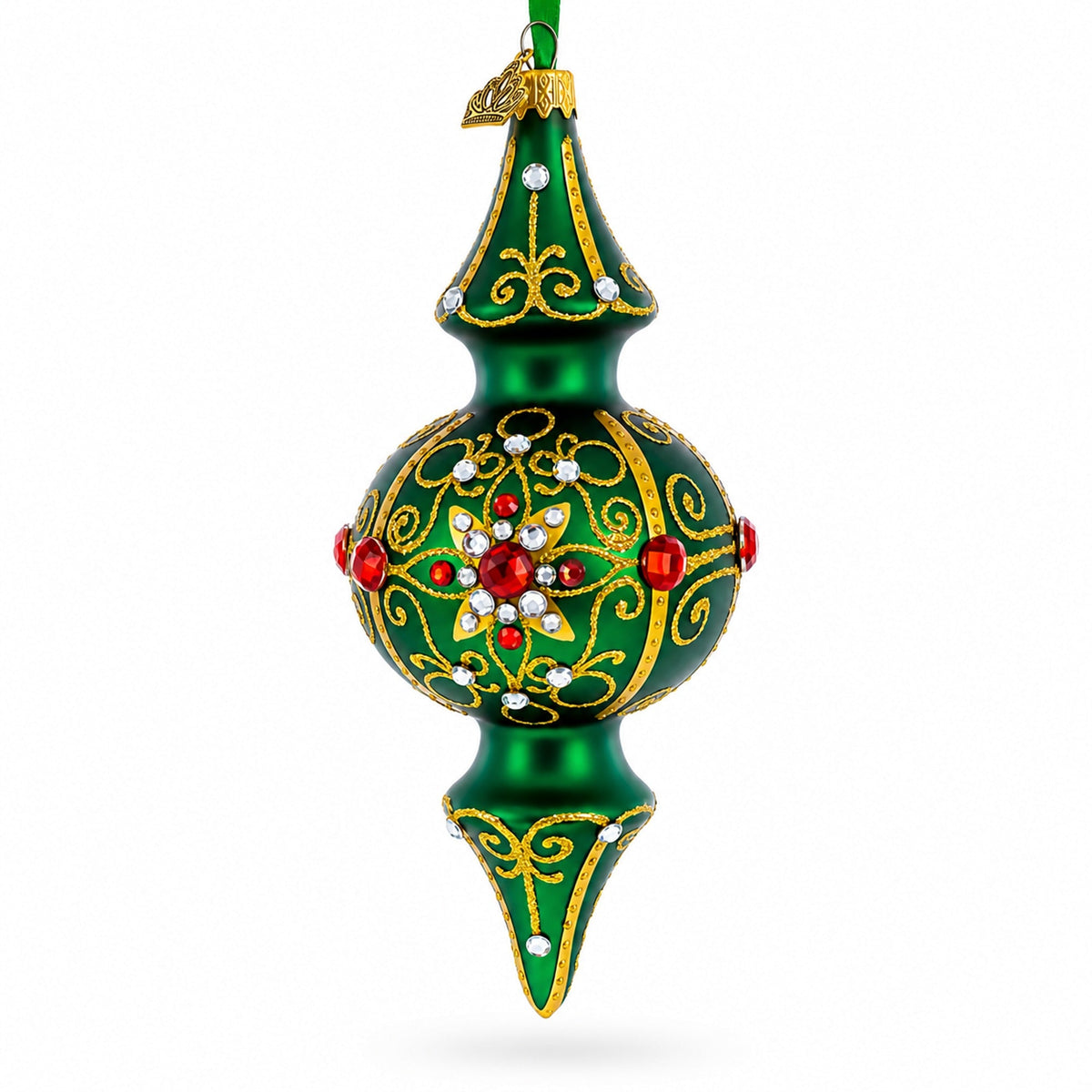 Emerald Baroque Jeweled Double-Ended Finial Drop Glass Christmas Ornament