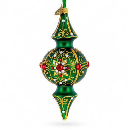 Emerald Baroque Jeweled Double-Ended Finial Drop Glass Christmas Ornament