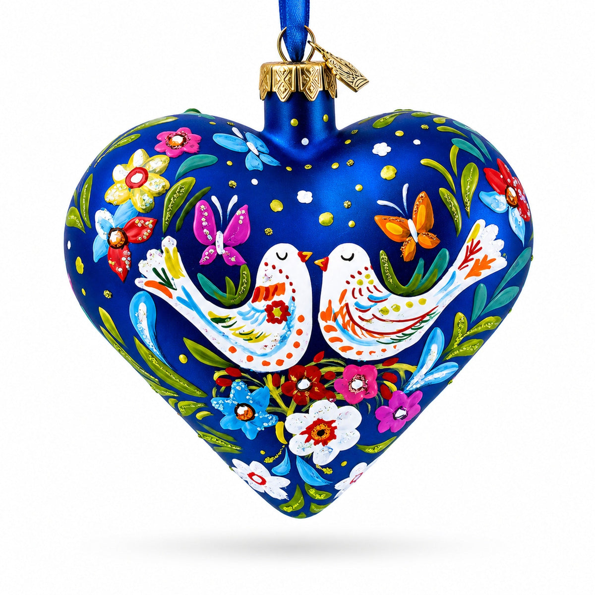 Blue Folk Art Whimsical Doves & Flowers Heart Glass Ornament