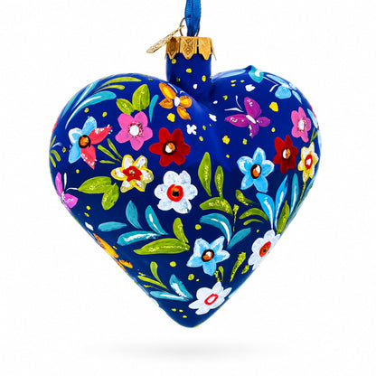 Blue Folk Art Whimsical Doves & Flowers Heart Glass Ornament