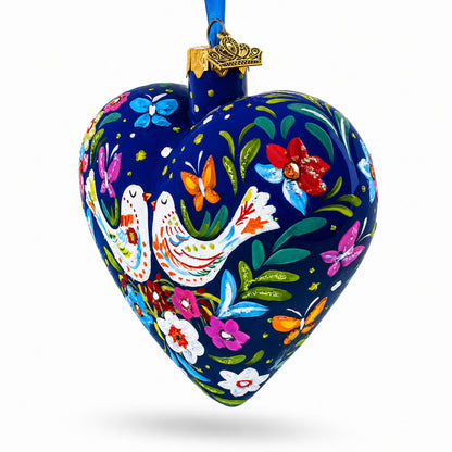 Blue Folk Art Whimsical Doves & Flowers Heart Glass Ornament