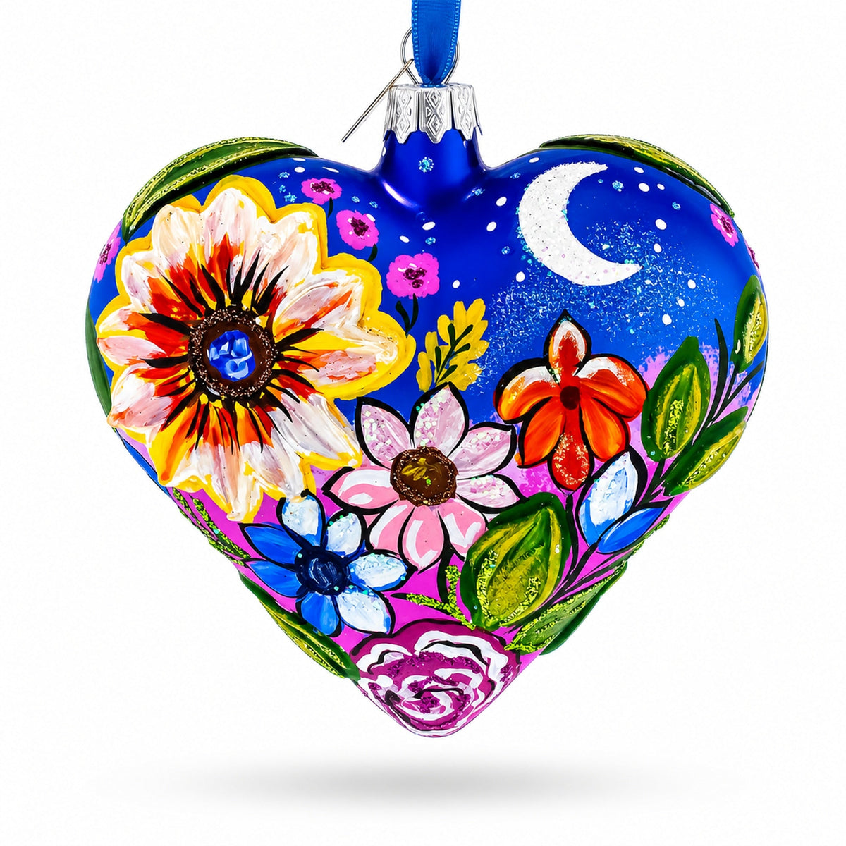 Moonlit Floral Meadow Heart Glass Ornament