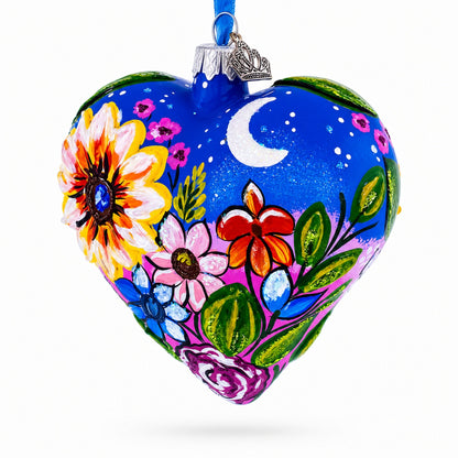 Moonlit Floral Meadow Heart Glass Ornament