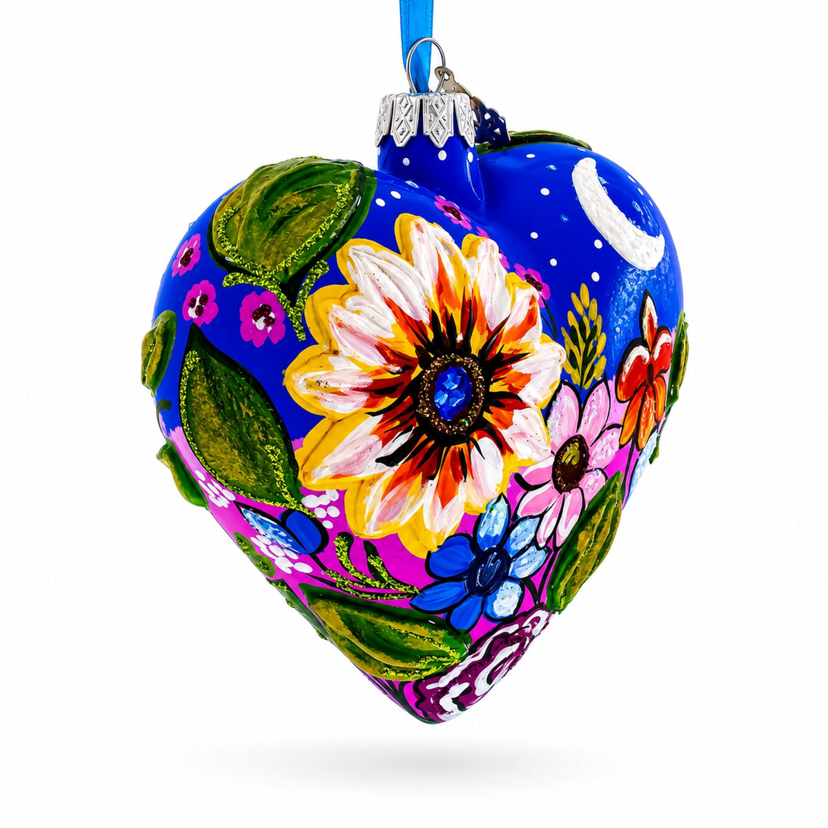 Moonlit Floral Meadow Heart Glass Ornament