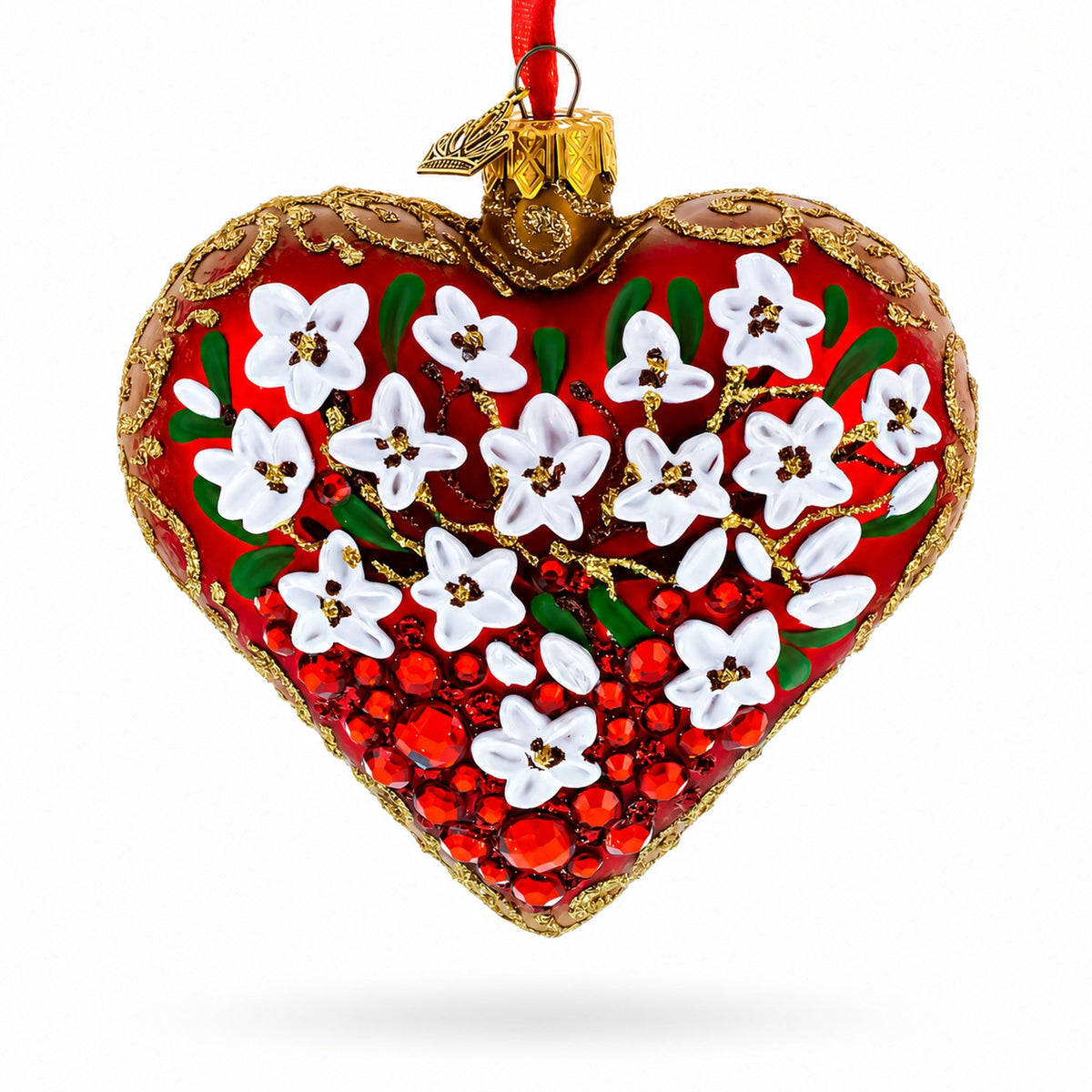 Embellished Ruby Floral Heart Glass Ornament