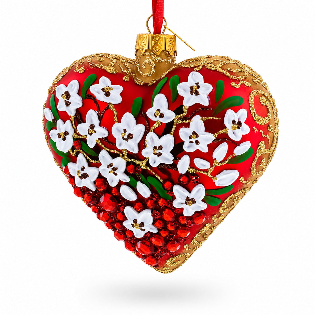 Embellished Ruby Floral Heart Glass Ornament